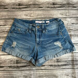 YMI WannaBetaButt? Women's Jean Shorts Blue White 3 Mid Rise Cuffed Distressed